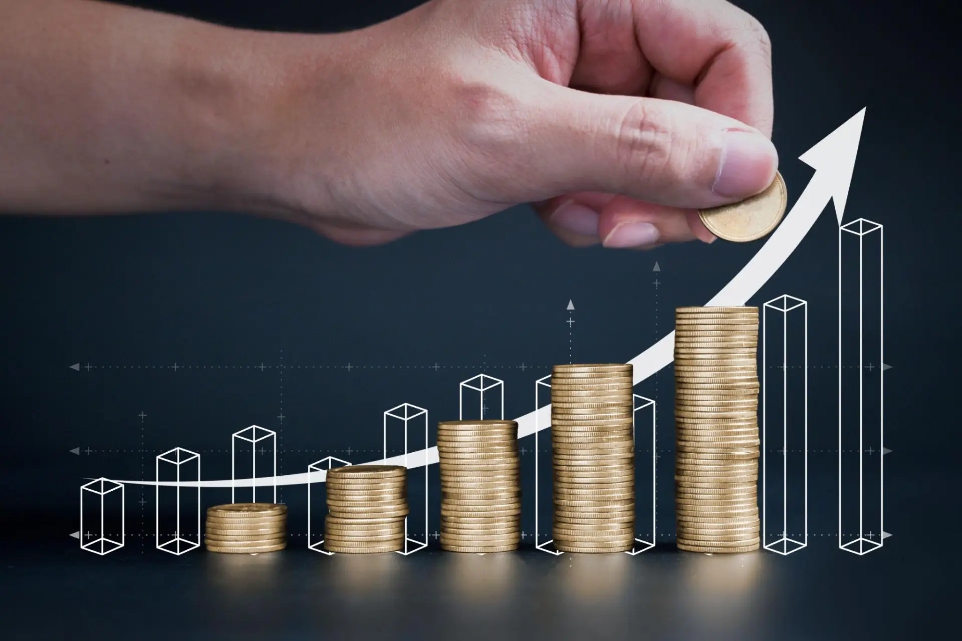 5 growing stacks of coins